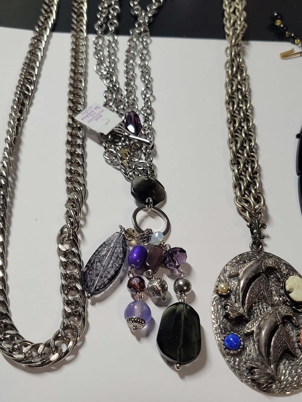 Silver-Tone Purple & Black Beaded Pendant Necklace